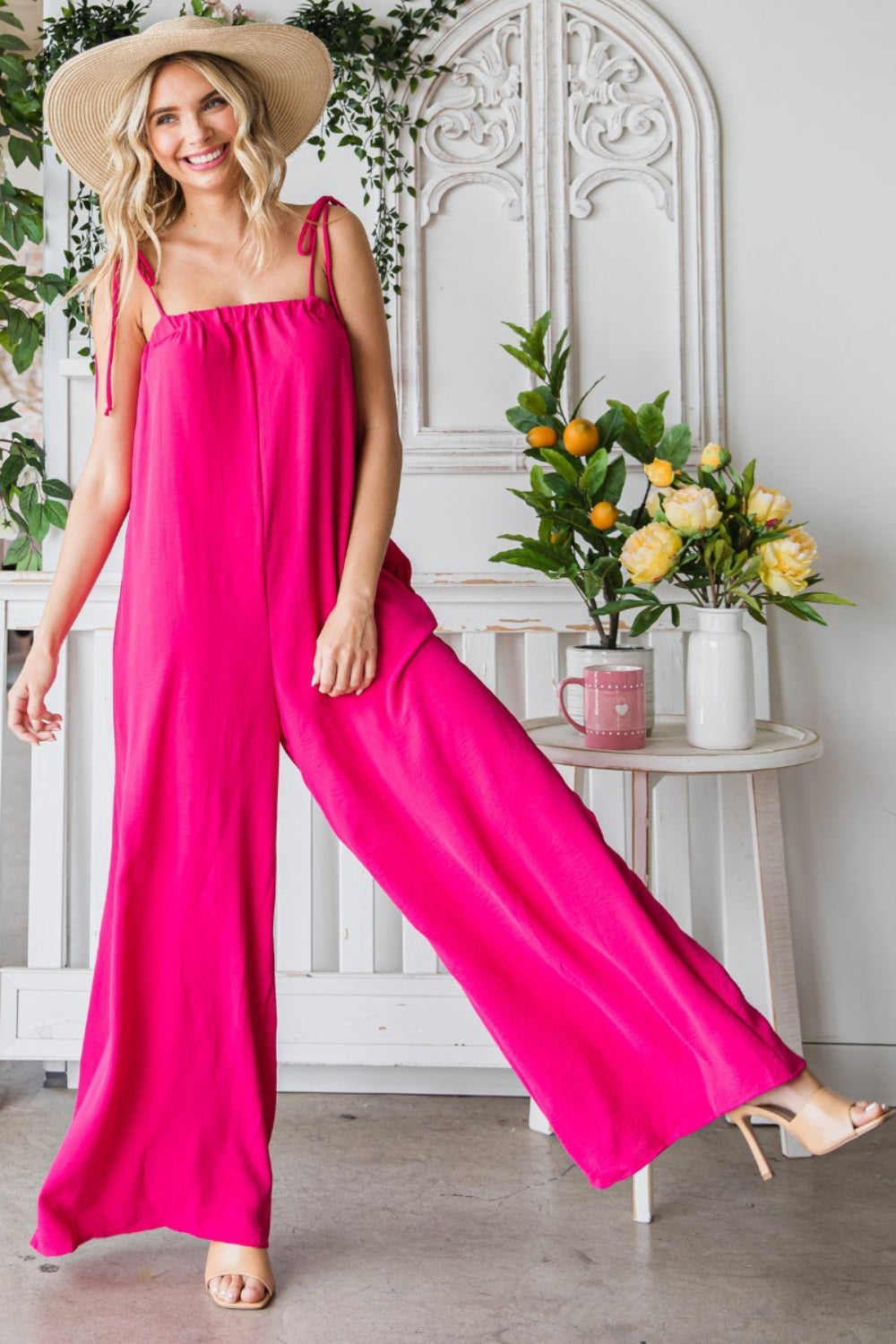 Veveret Pocketed Spaghetti Strap Wide Leg Jumpsuit - The Boutie Shop