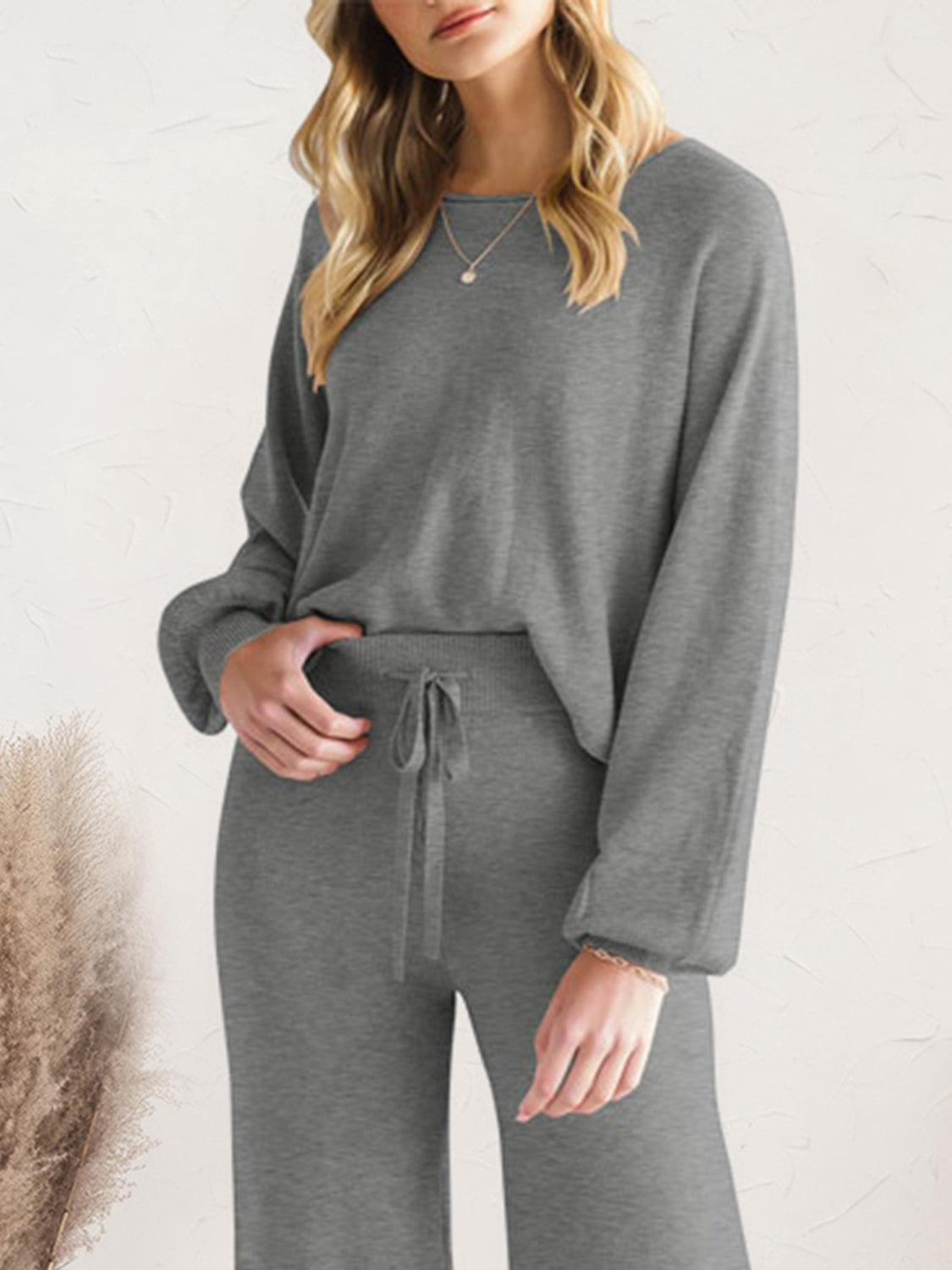 Long Sleeve Lounge Top and Drawstring Pants Set - The Boutie Shop