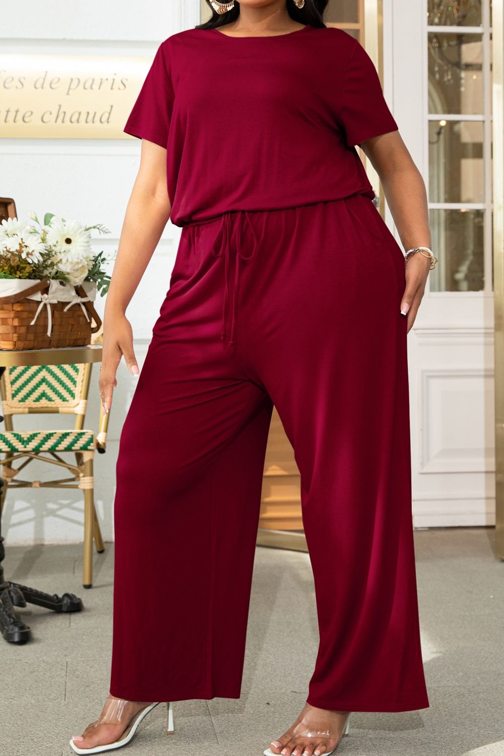 Plus Size Drawstring Waist Short Sleeve Jumpsuit - The Boutie Shop