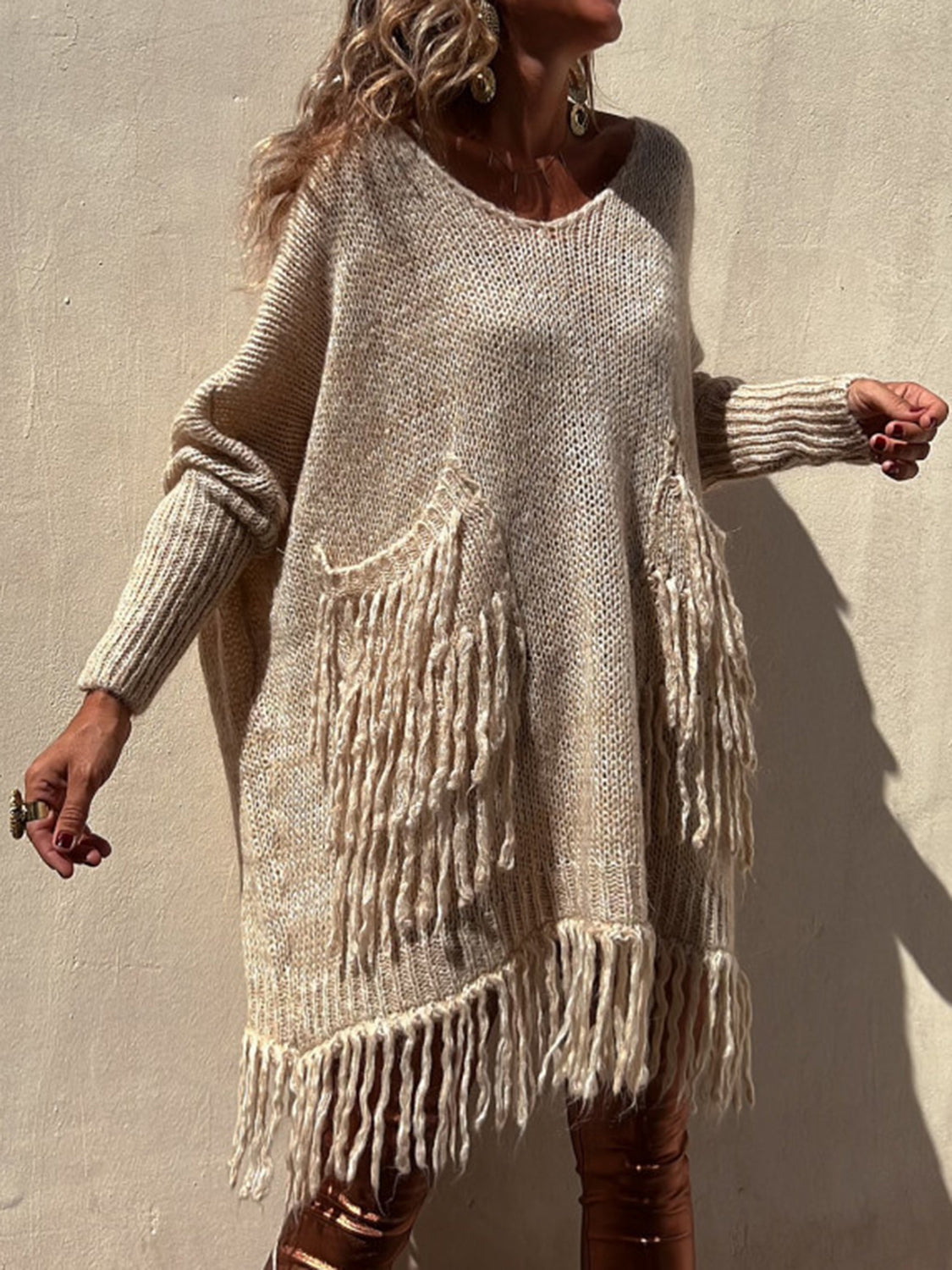 Fringe Detail Long Sleeve Sweater with Pockets - The Boutie Shop