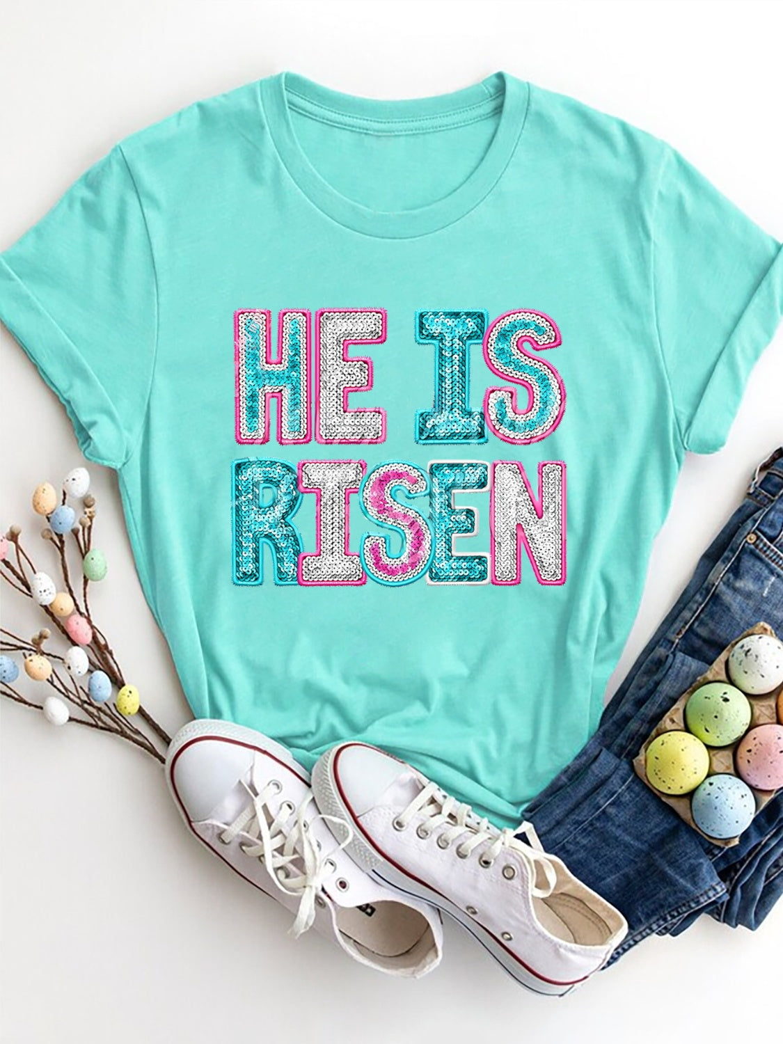 HE IS RISEN Sequin Round Neck T-Shirt - The Boutie Shop