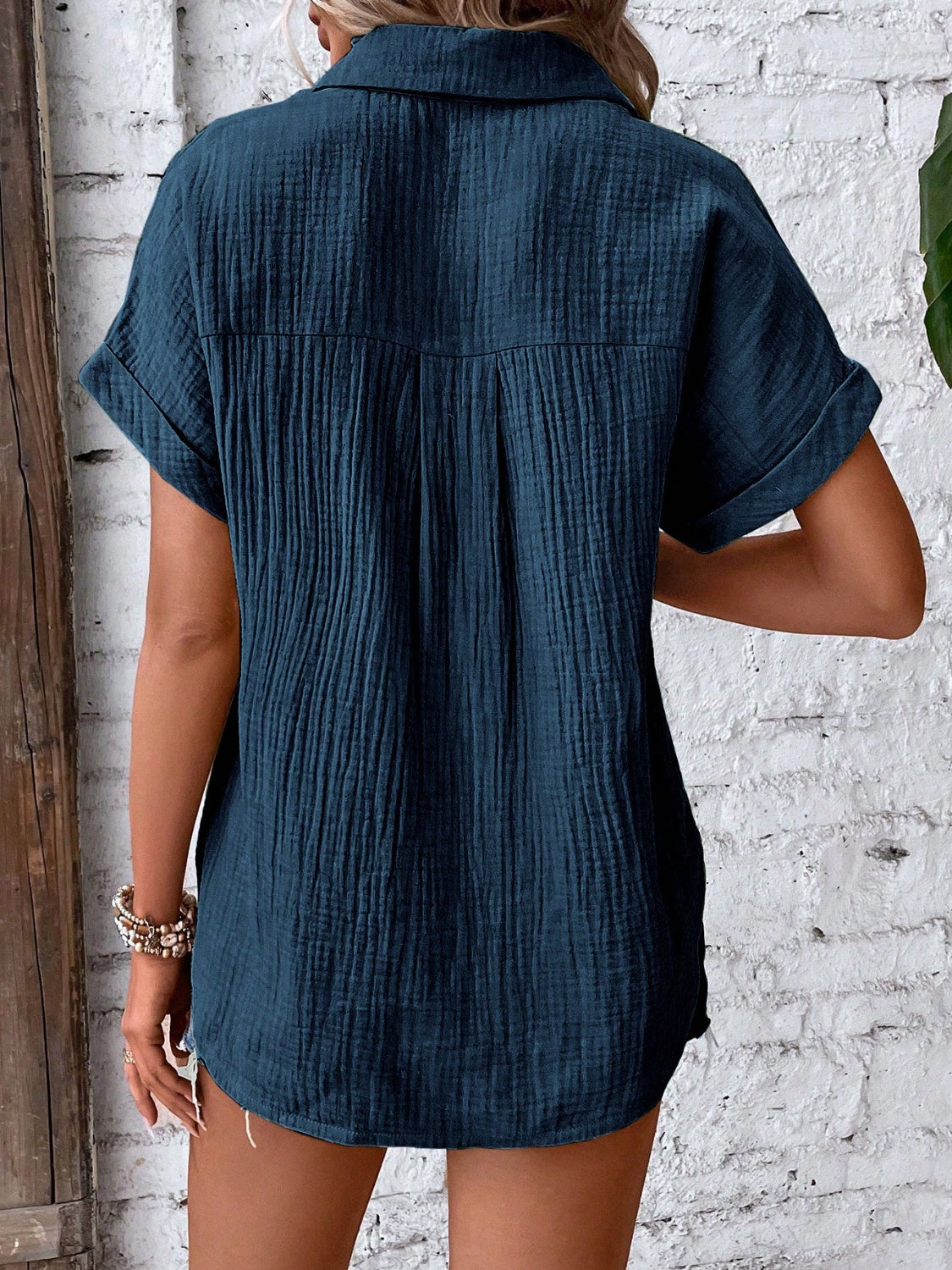 Lovelet Textured Button Up Short Sleeve Shirt - The Boutie Shop