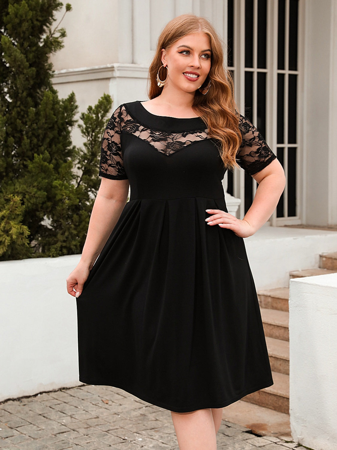 Plus Size Ruched Round Neck Short Sleeve Dress - The Boutie Shop