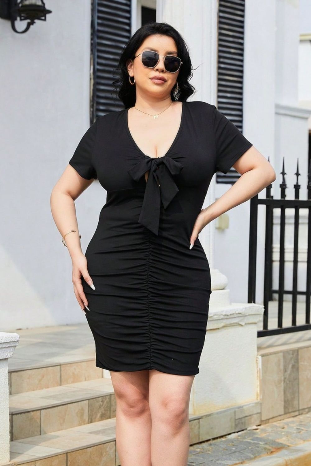 Plus Size Ruched Tied Short Sleeve Mini Dress - The Boutie Shop