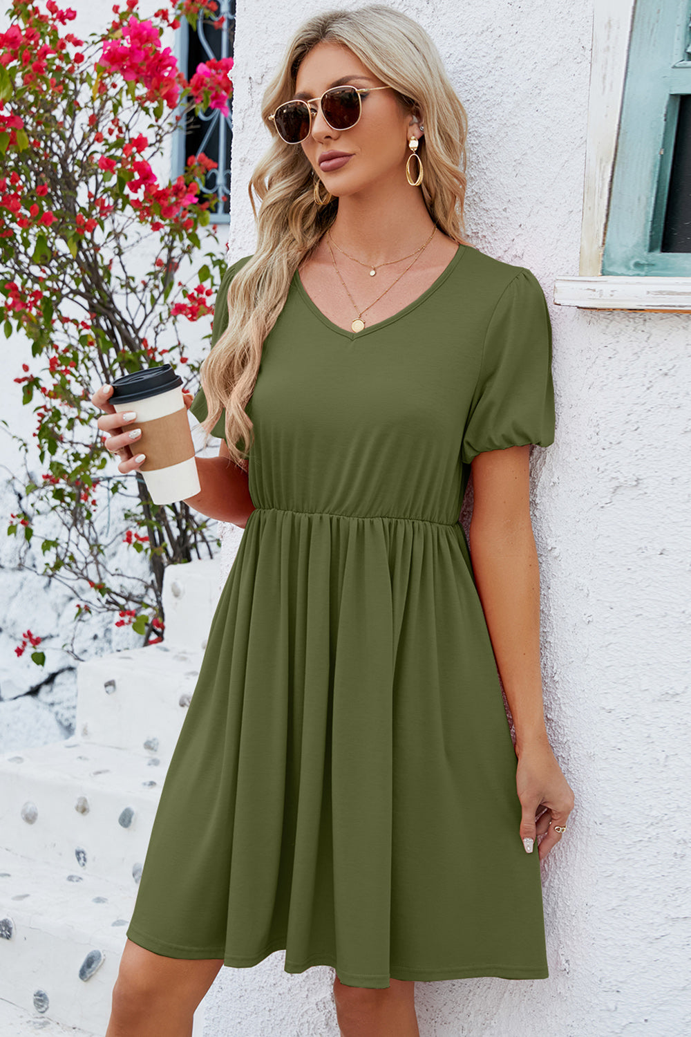 V-Neck Balloon Short Sleeve Dress - The Boutie Shop