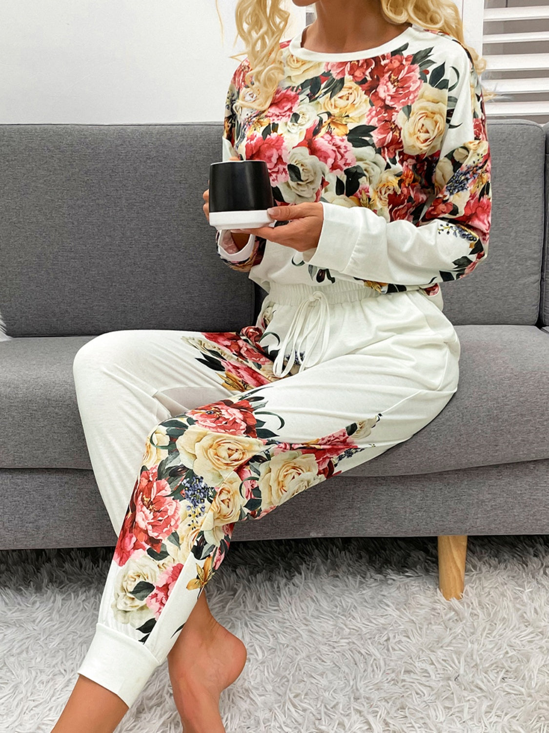 Shiny Printed Round Neck Top and Pants Lounge Set - The Boutie Shop