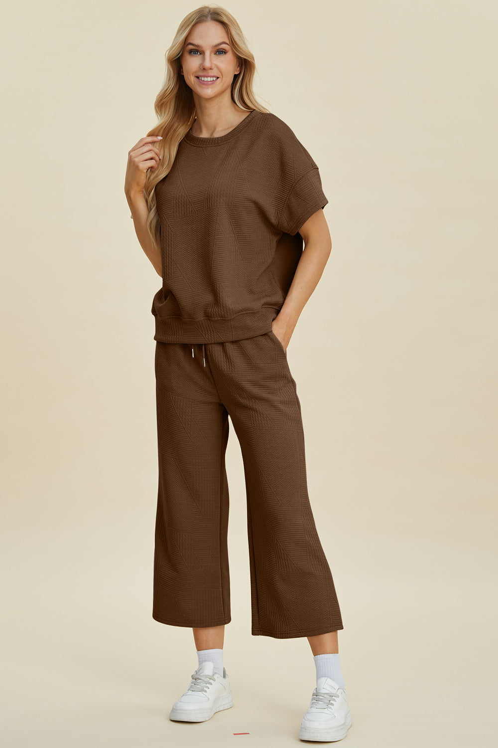 Double Take Full Size Texture Round Neck Top and Pants Set - The Boutie Shop