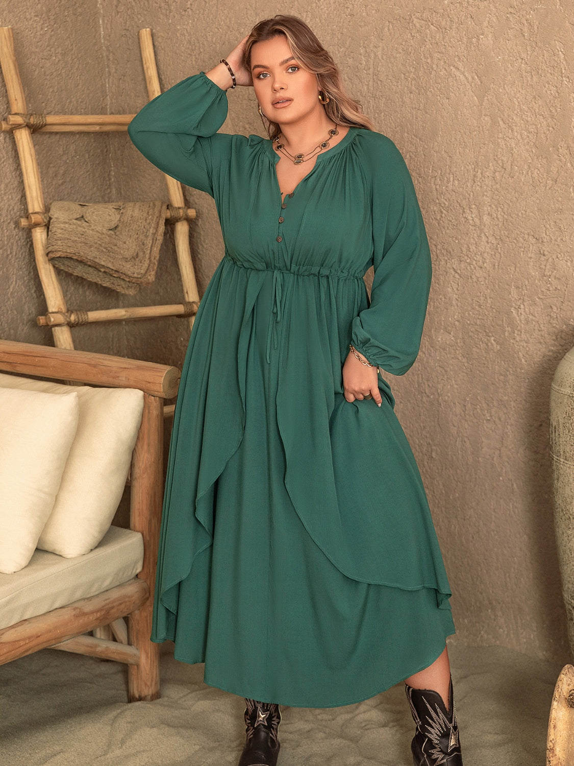 Plus Size Notched Layered Balloon Sleeve Midi Dress - The Boutie Shop