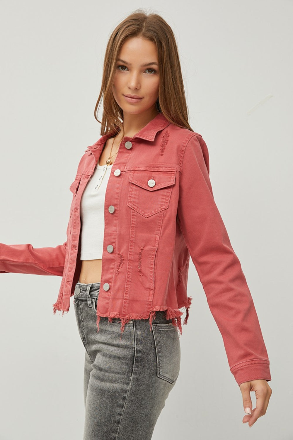 RISEN Raw Hem Button Up Cropped Denim Jacket - The Boutie Shop