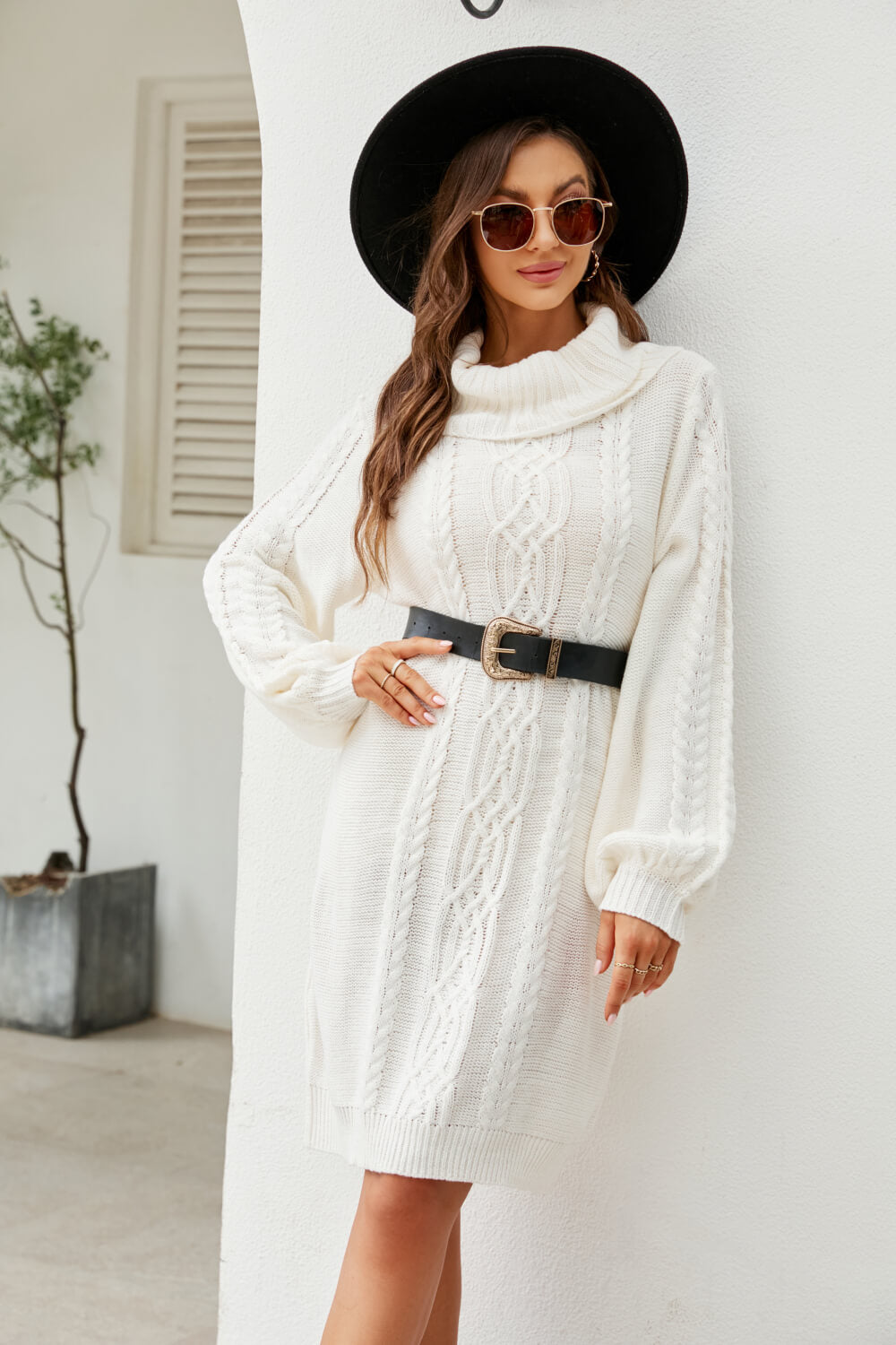 Woven Right Mixed Knit Turtleneck Lantern Sleeve Sweater Dress - The Boutie Shop