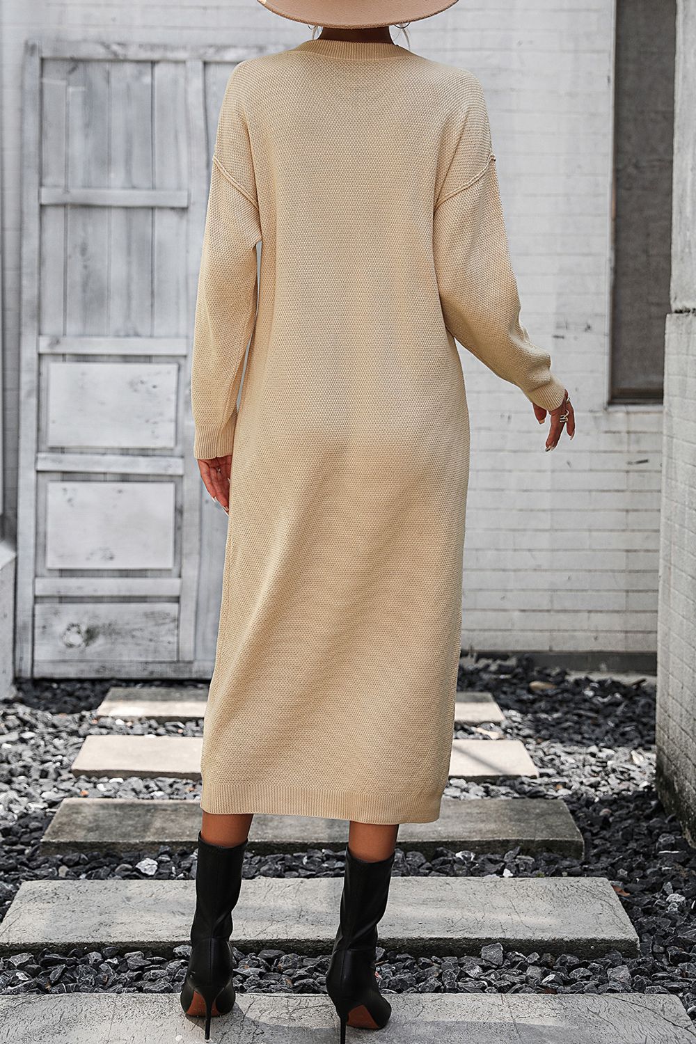 Decorative Button Notched Dropped Shoulder Sweater Dress - The Boutie Shop