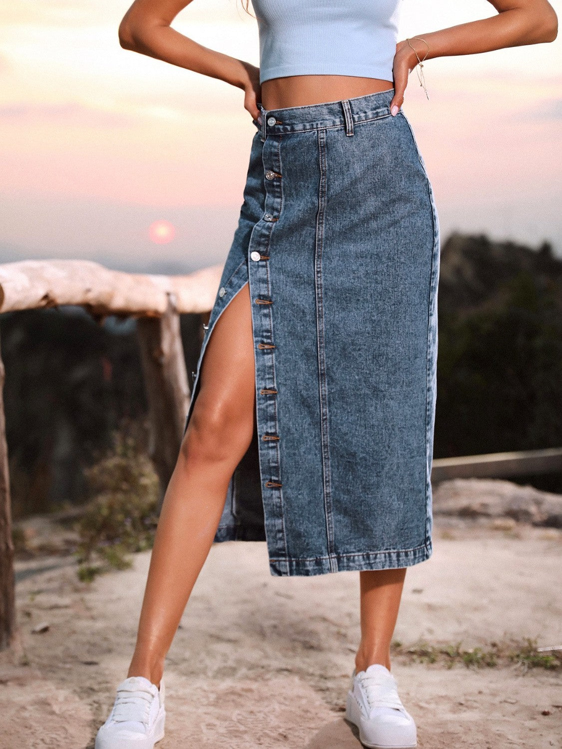 Button Down Denim Skirt - The Boutie Shop