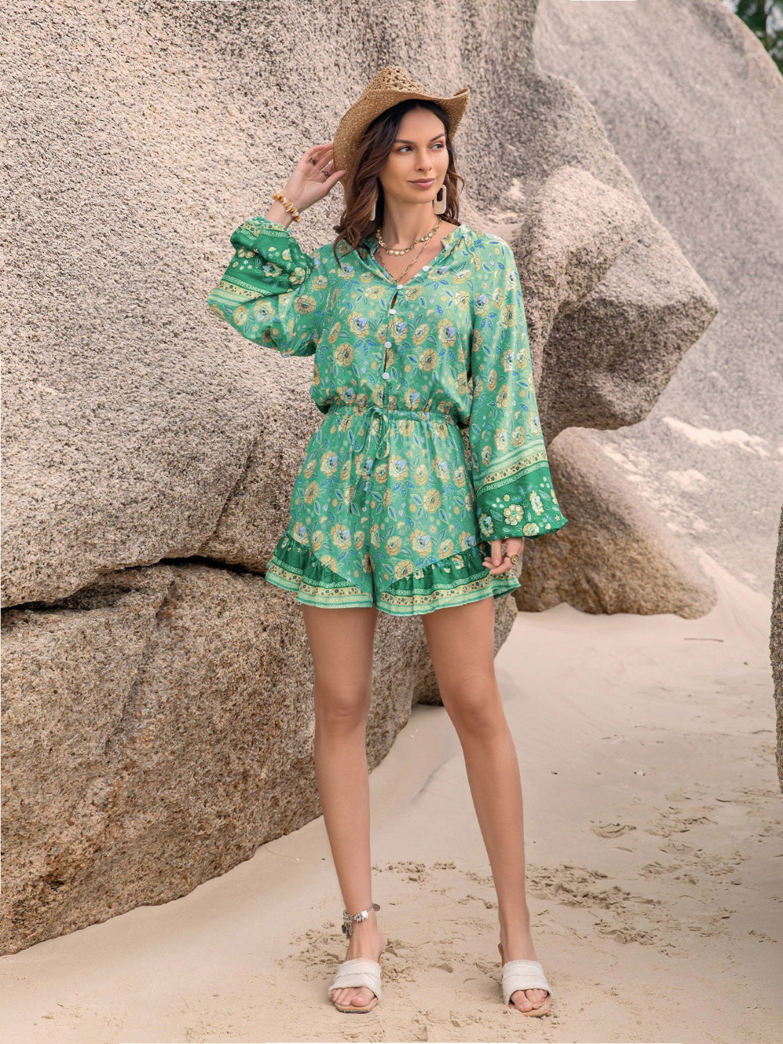 Printed Ruffled Balloon Sleeve Romper - The Boutie Shop