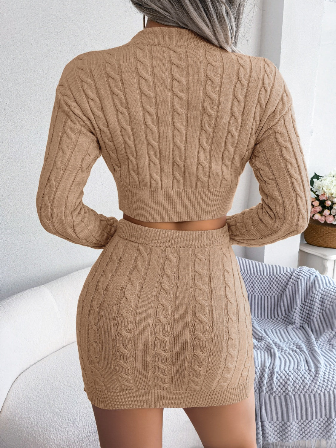 Cable-Knit Round Neck Top and Skirt Sweater Set - The Boutie Shop