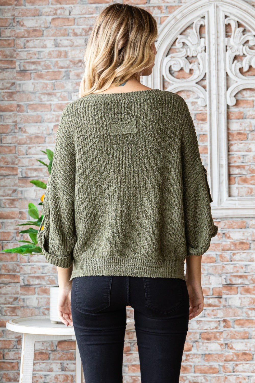 Veveret Round Neck Roll-Up Sweater - The Boutie Shop