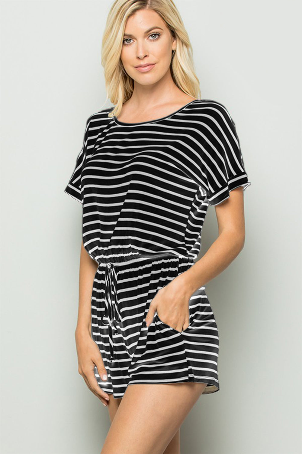 Heimish Full Size Striped Round Neck Short Sleeve Romper - The Boutie Shop