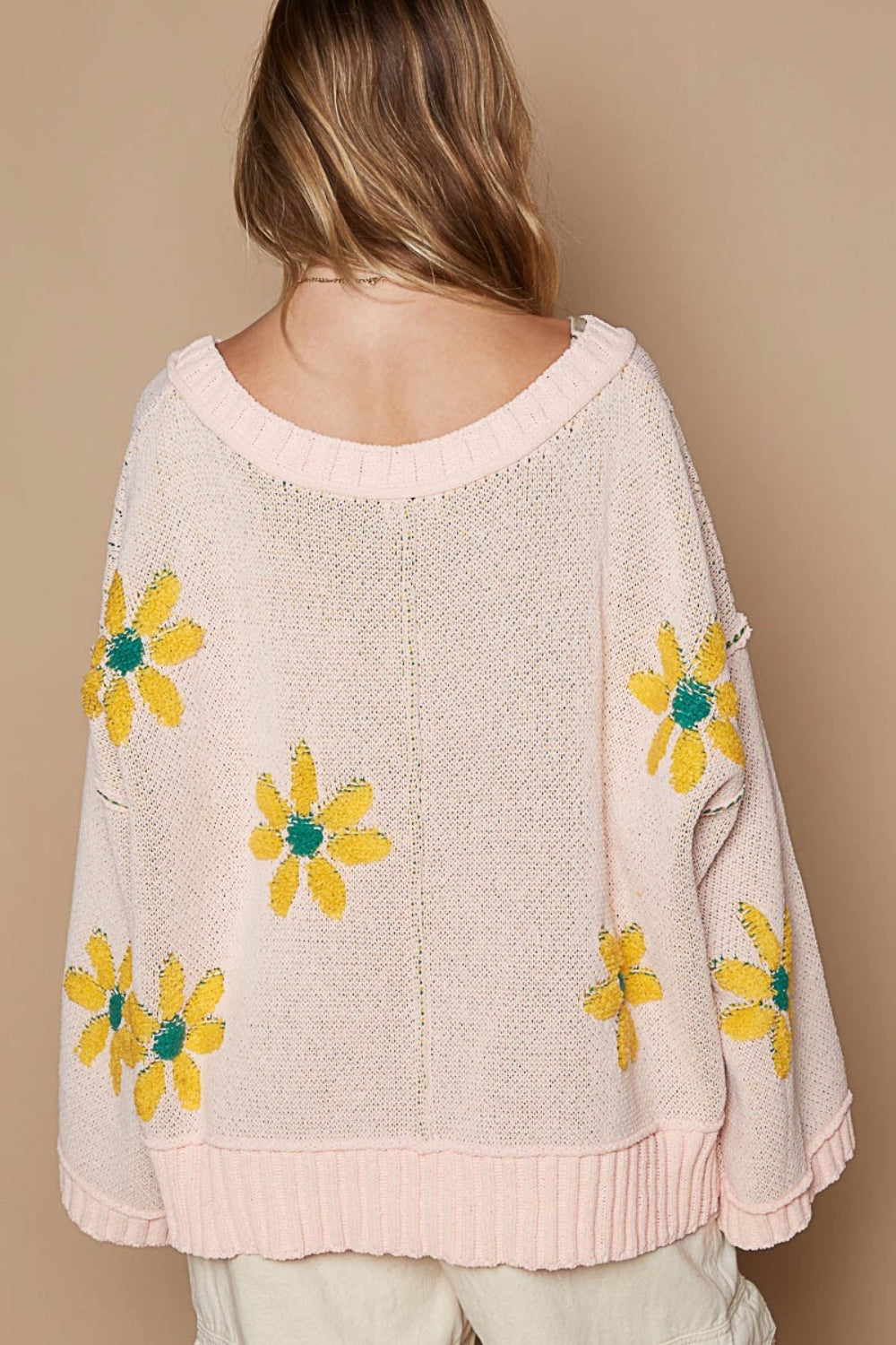 POL V-Neck Floral Pattern Chenille Sweater - The Boutie Shop