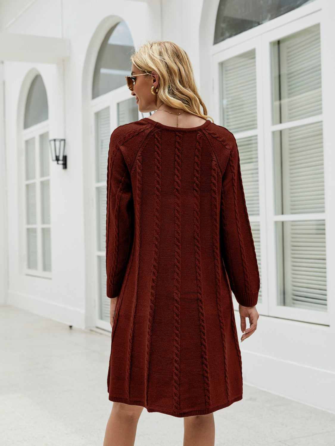 Cable-Knit Long Sleeve Sweater Dress - The Boutie Shop