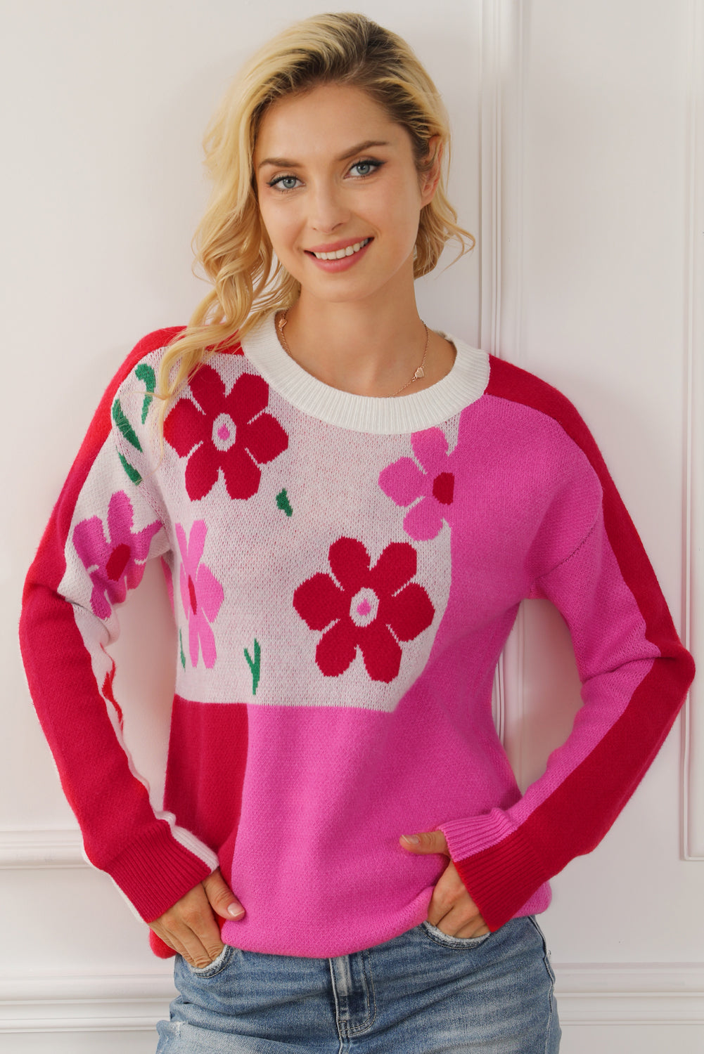 Floral Round Neck Dropped Shoulder Sweater - The Boutie Shop