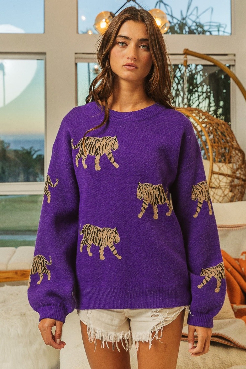 BiBi Tiger Pattern Long Sleeve Sweater - The Boutie Shop