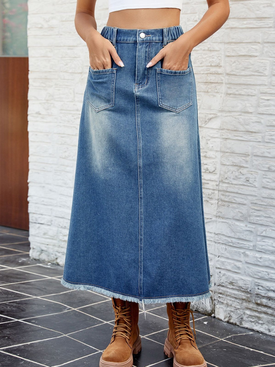 Raw Hem Buttoned Denim Skirt with Pockets - The Boutie Shop