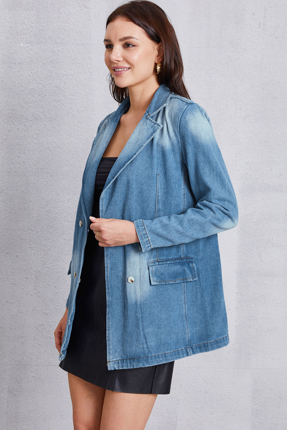 Lapel Collar Washed Denim Top - The Boutie Shop