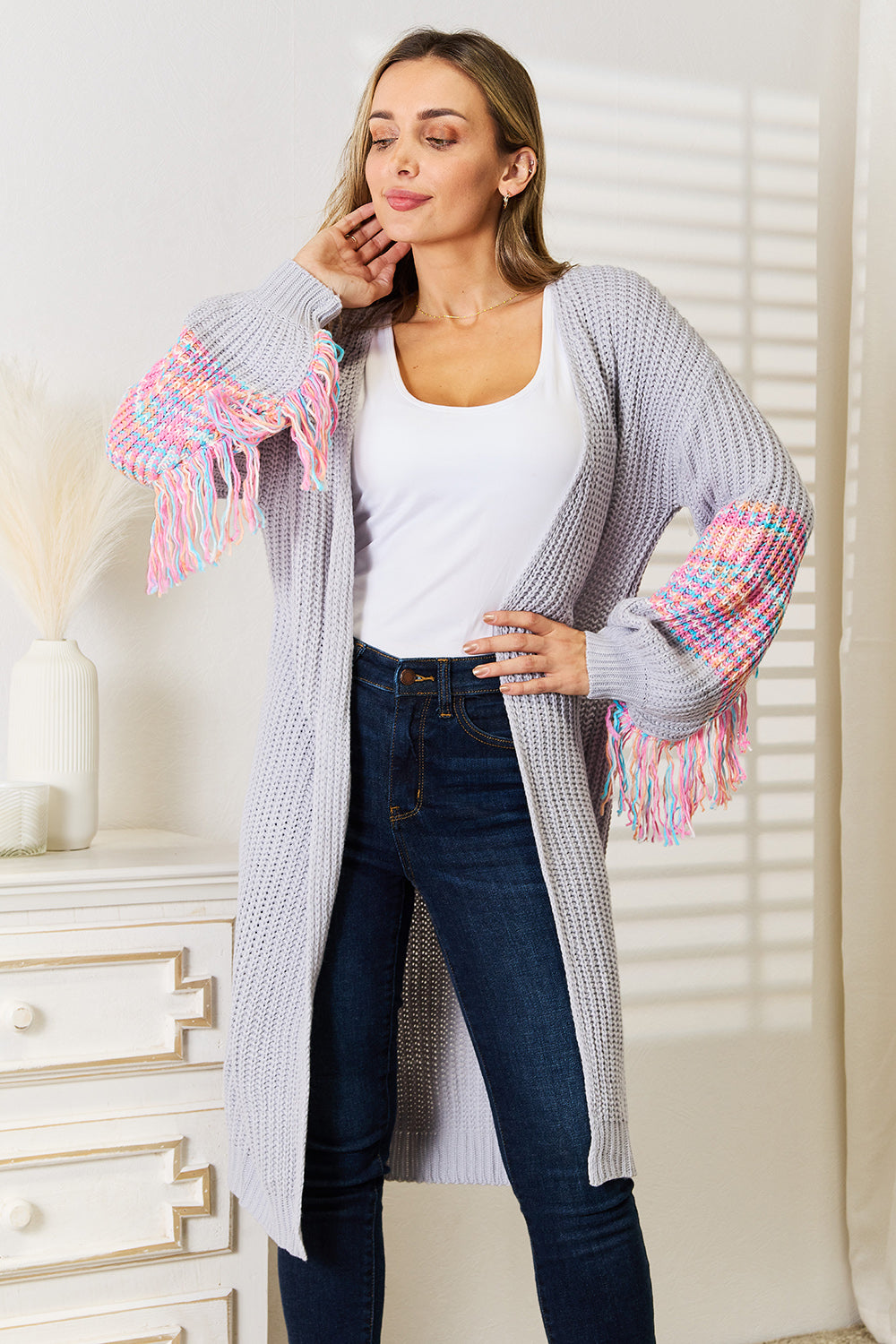 Woven Right Fringe Sleeve Dropped Shoulder Cardigan - The Boutie Shop