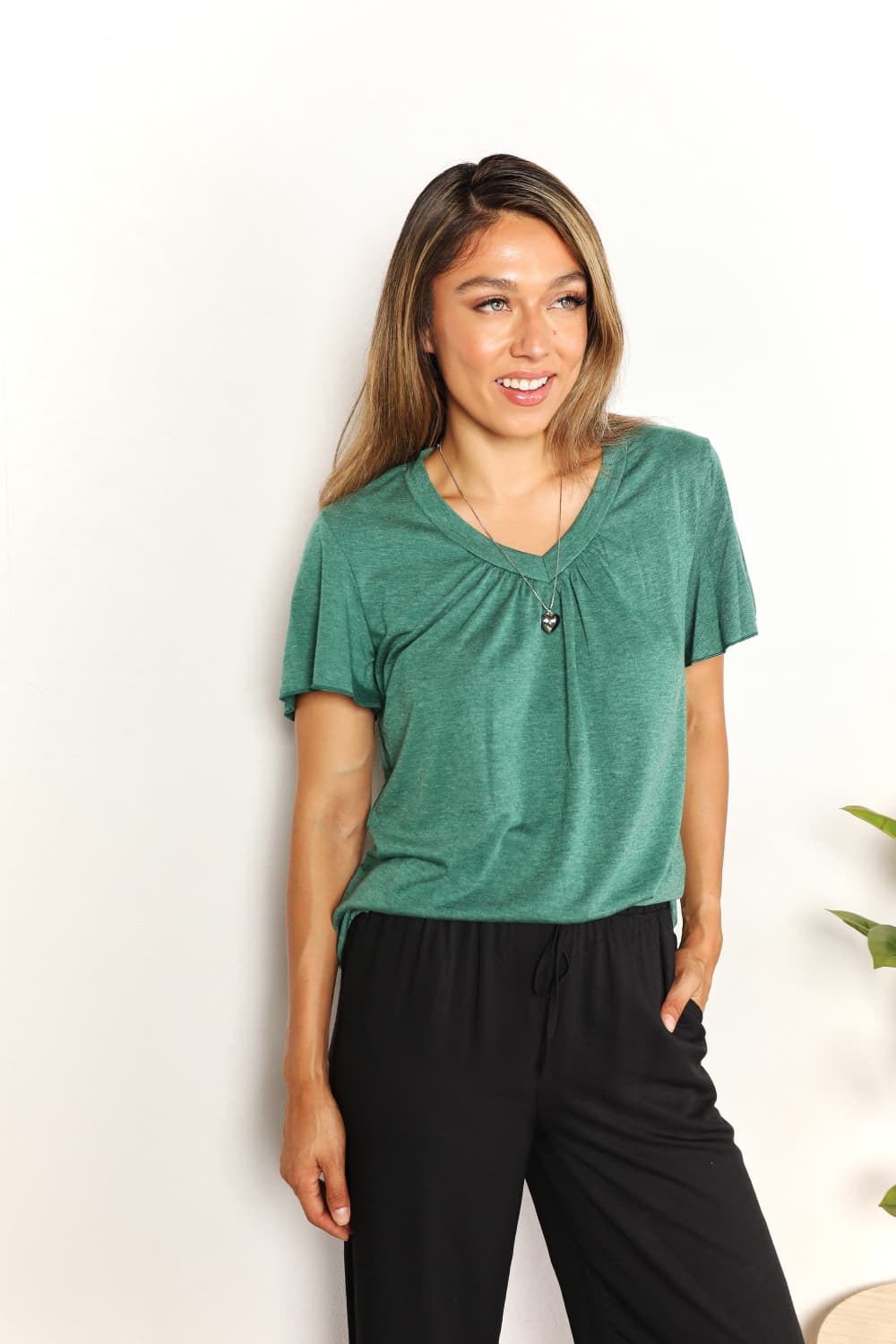 Double Take Ruched V-Neck Short Sleeve T-Shirt - The Boutie Shop