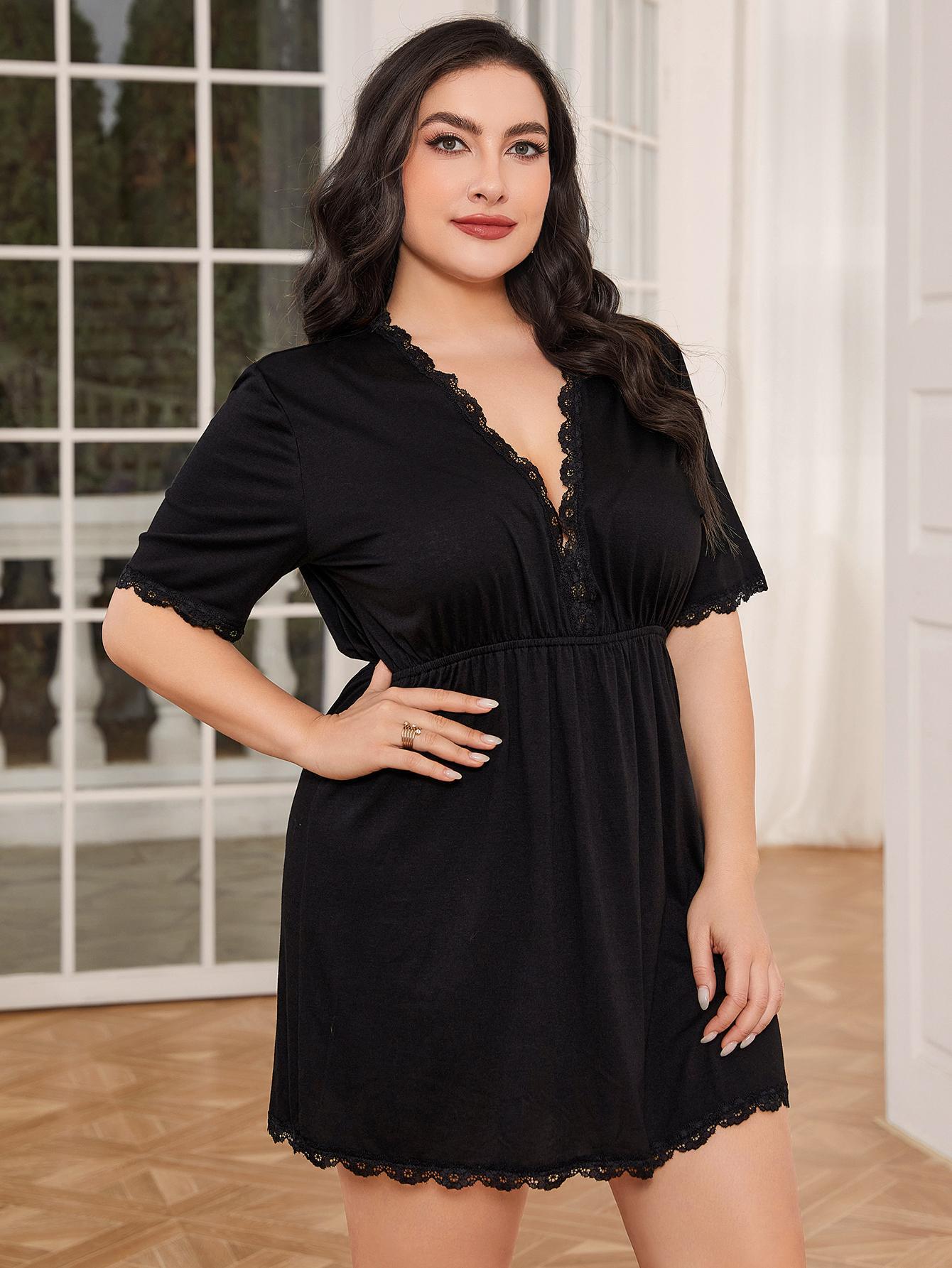 Plus Size Lace Trim Deep V Night Dress - The Boutie Shop