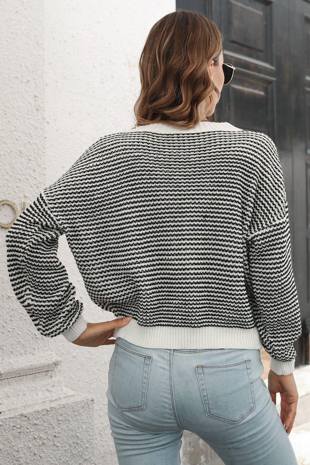 Striped Round Neck Dropped Shoulder Sweater - The Boutie Shop