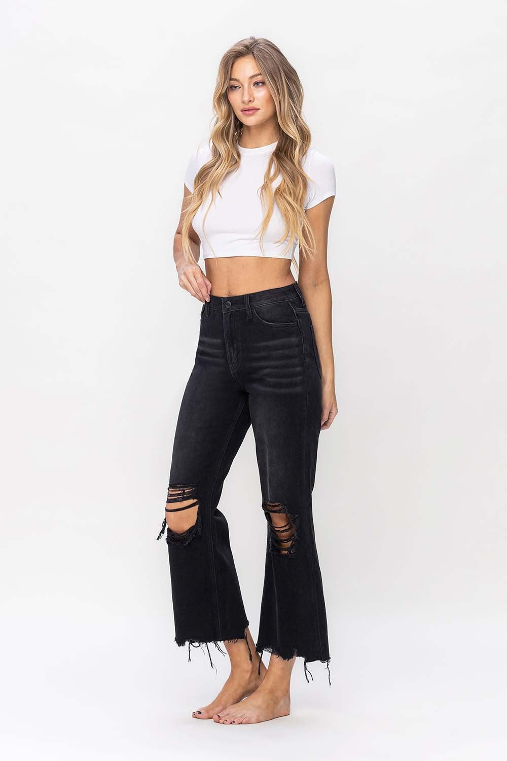 Vervet by Flying Monkey Vintage Ultra High Waist Distressed Crop Flare Jeans - The Boutie Shop