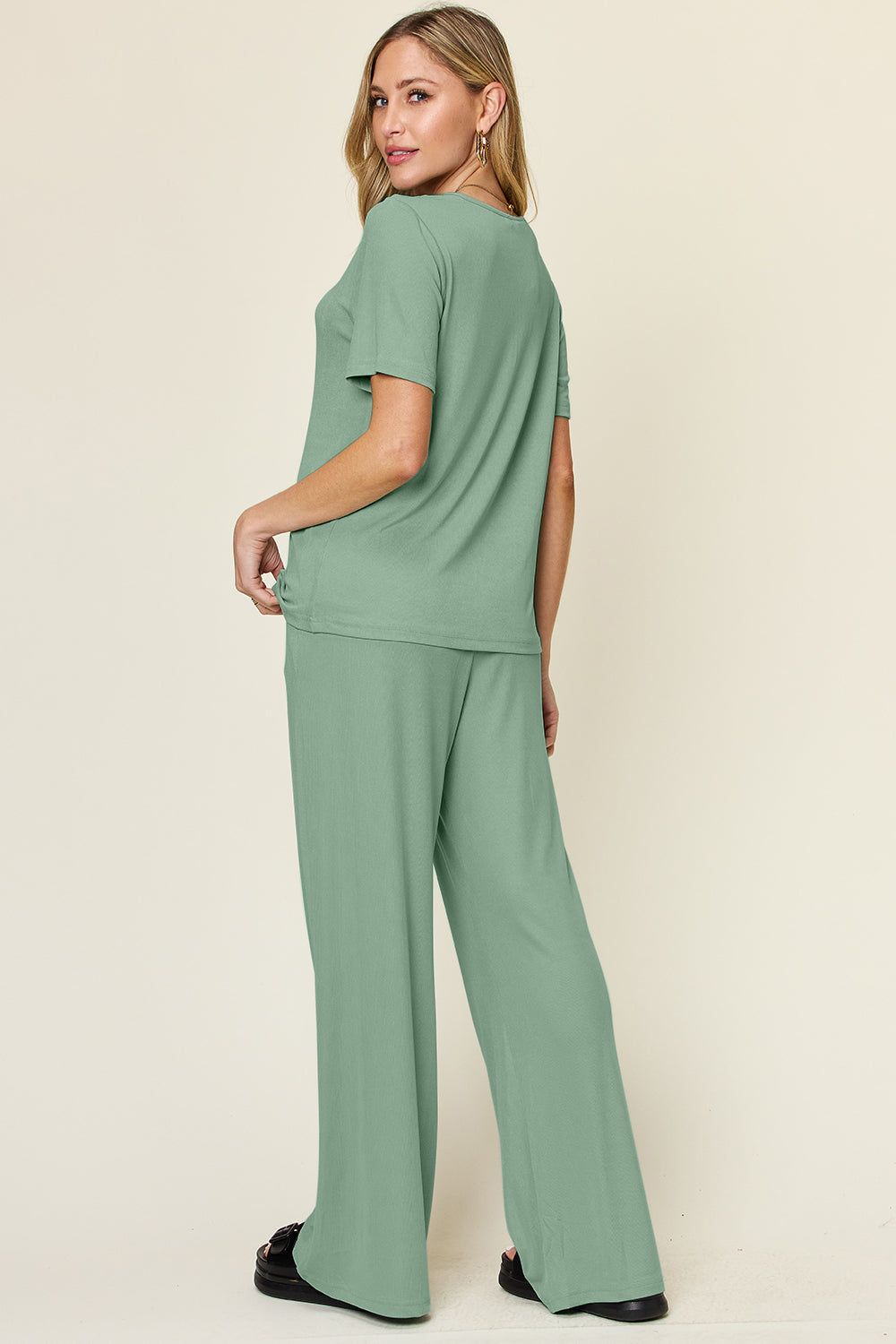 Double Take Full Size Round Neck Short Sleeve T-Shirt and Wide Leg Pants Set - The Boutie Shop