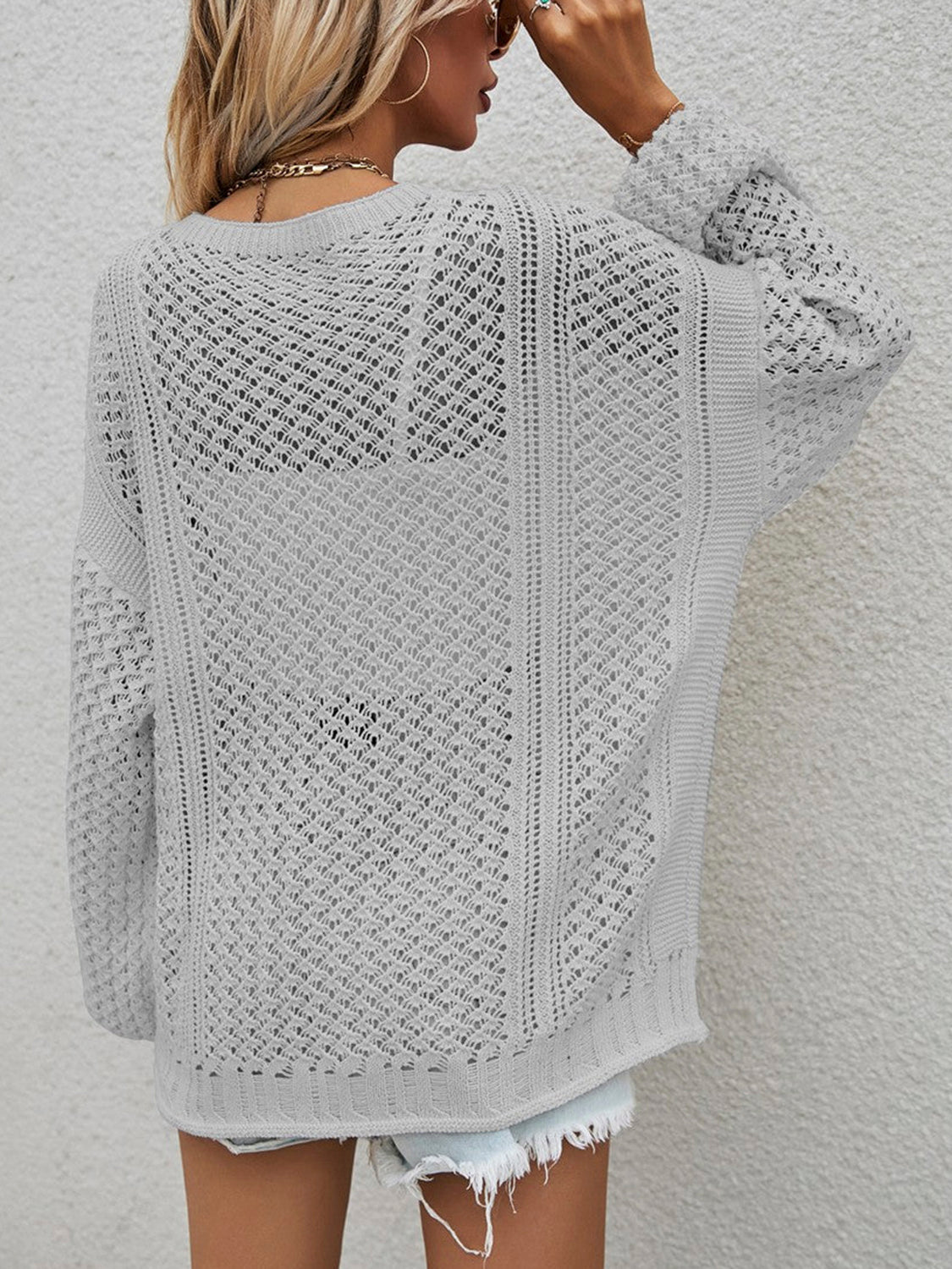 Openwork Button Front Cardigan - The Boutie Shop