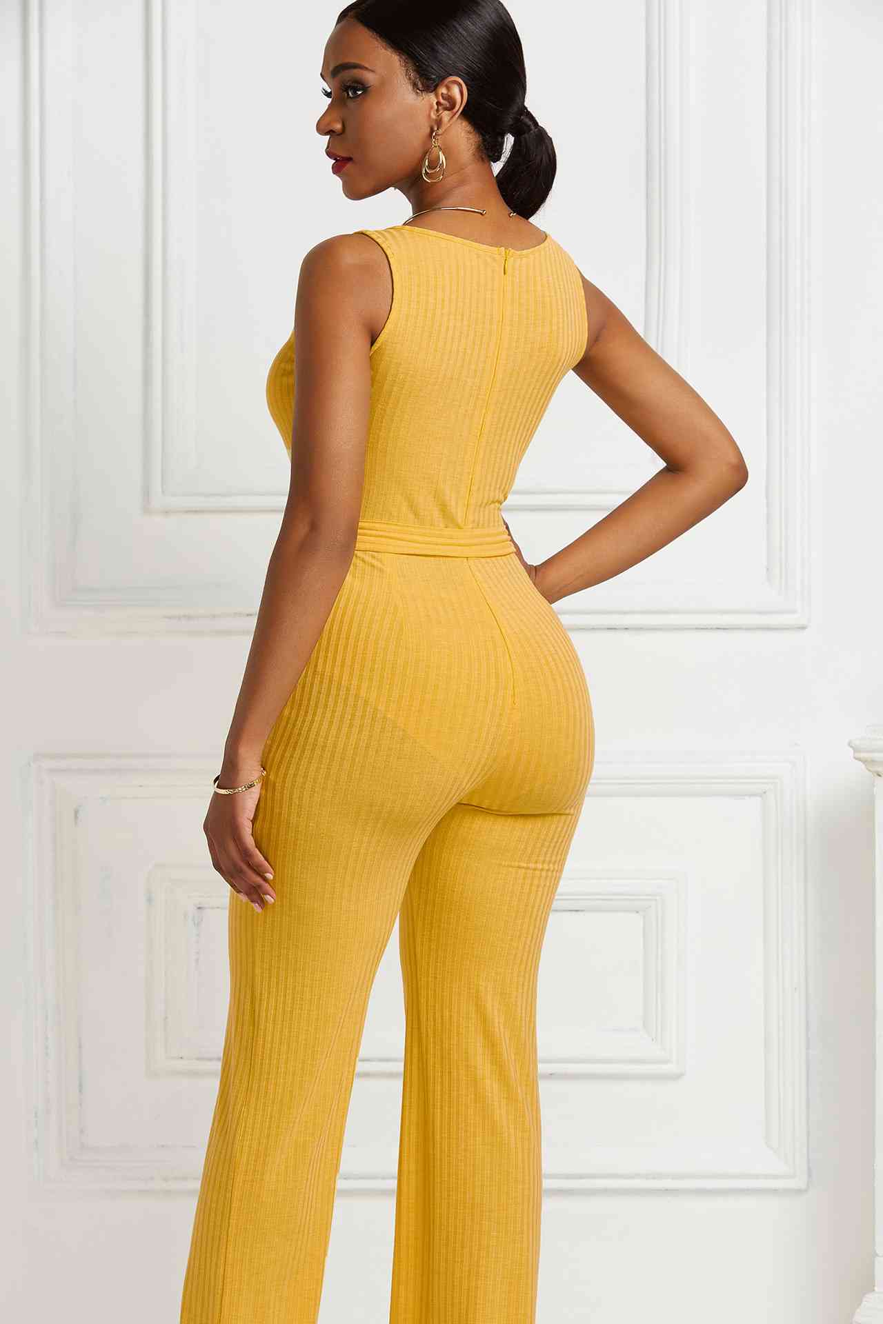 Button Detail Tie Waist Jumpsuit with Pockets - The Boutie Shop