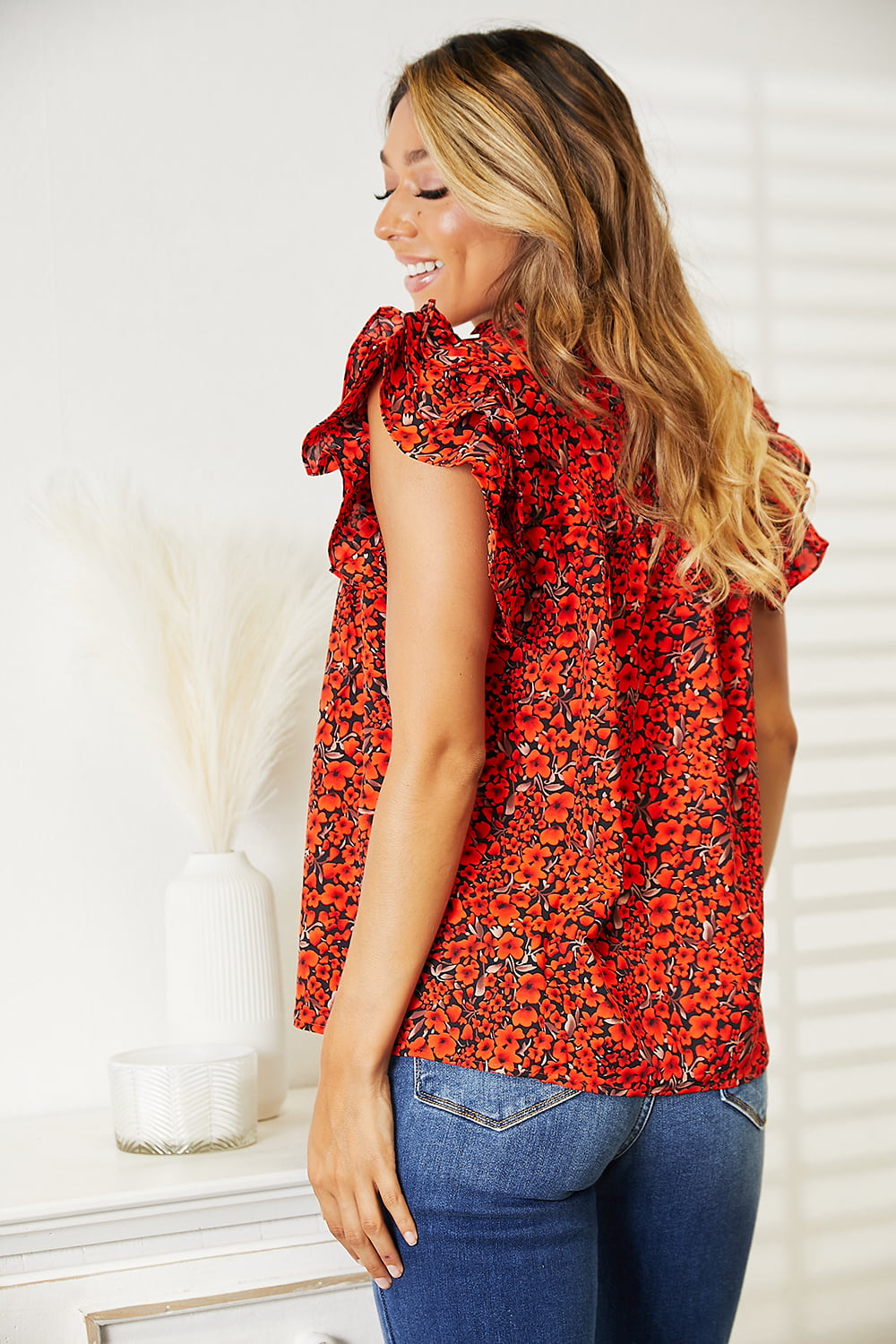 Double Take Floral Flutter Sleeve Notched Neck Blouse - The Boutie Shop