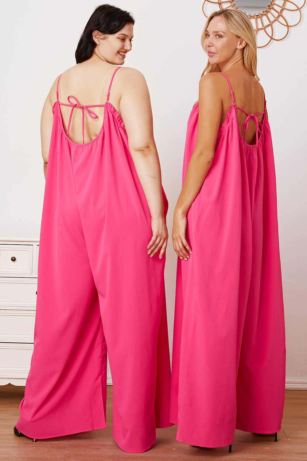 Double Take Full Size Ruffle Trim Tie Back Cami Jumpsuit with Pockets - The Boutie Shop