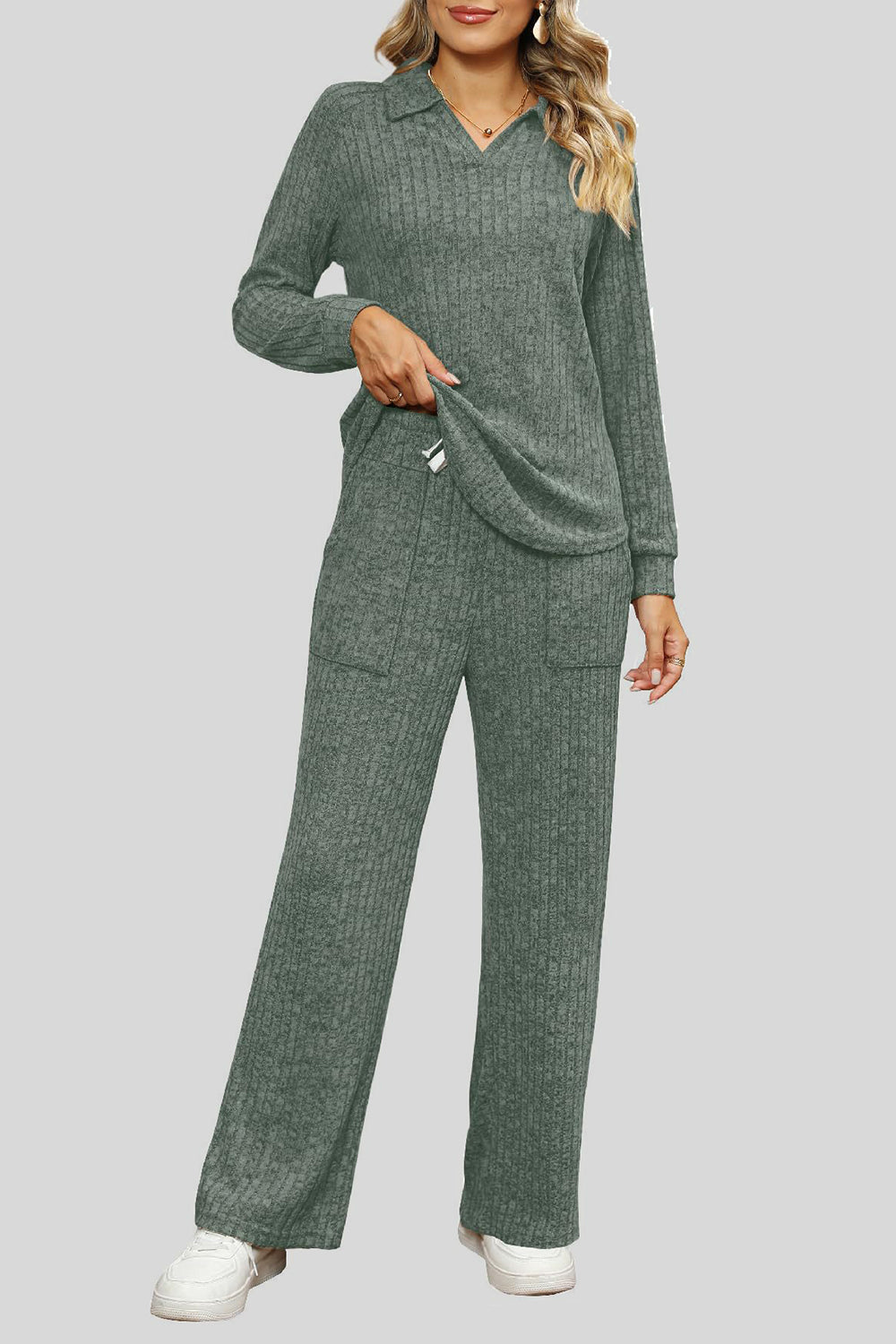 Ribbed Long Sleeve Top and Pocketed Pants Set - The Boutie Shop