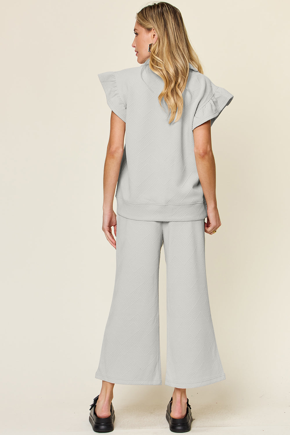 Double Take Texture Ruffle Short Sleeve Top and Drawstring Wide Leg Pants Set - The Boutie Shop