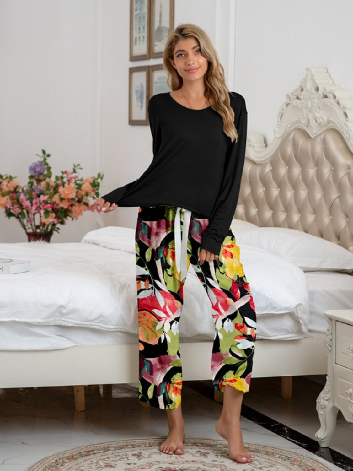 Round Neck Top and Printed Pants Lounge Set - The Boutie Shop