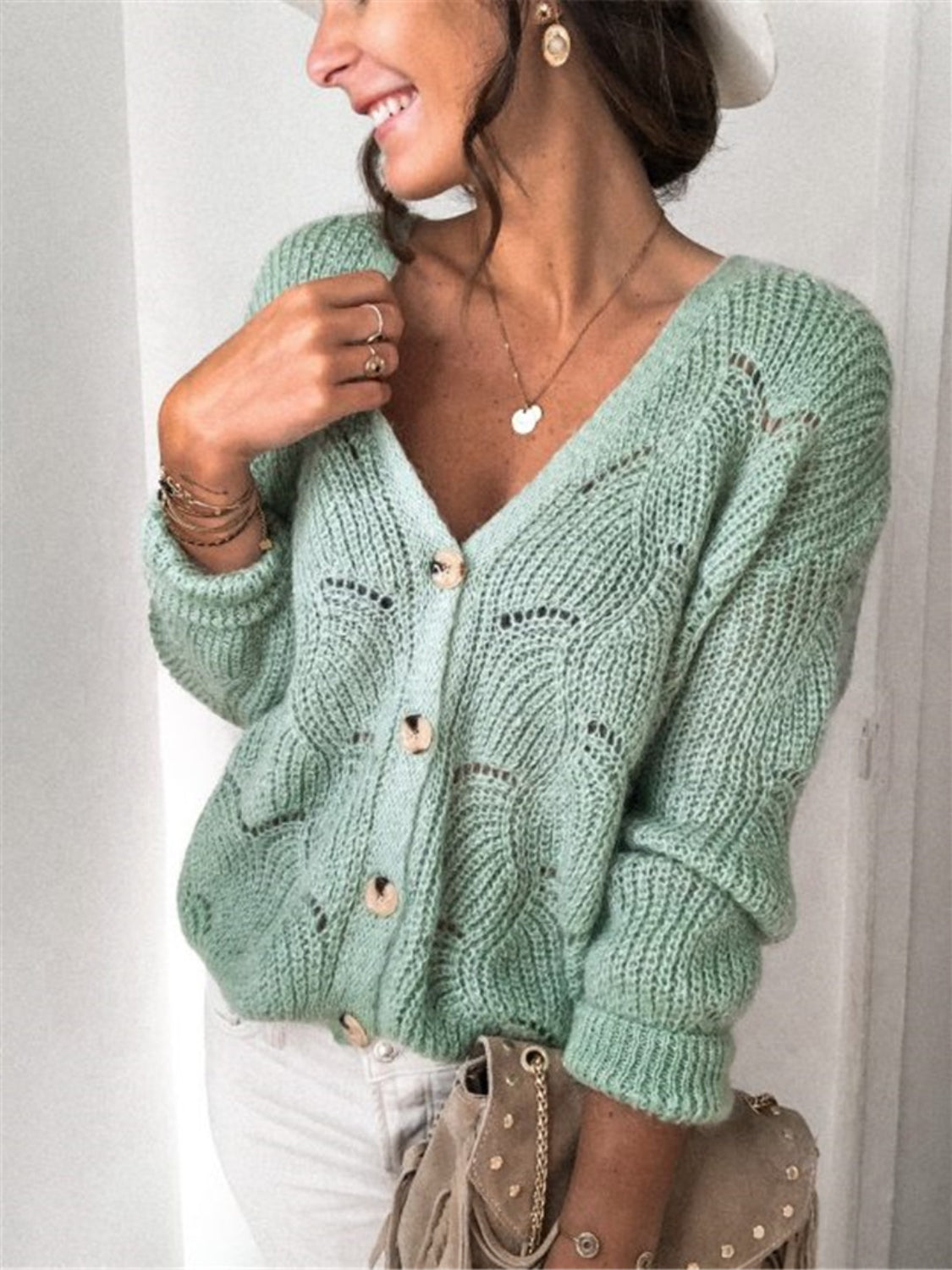 Openwork Button Up Long Sleeve Cardigan - The Boutie Shop