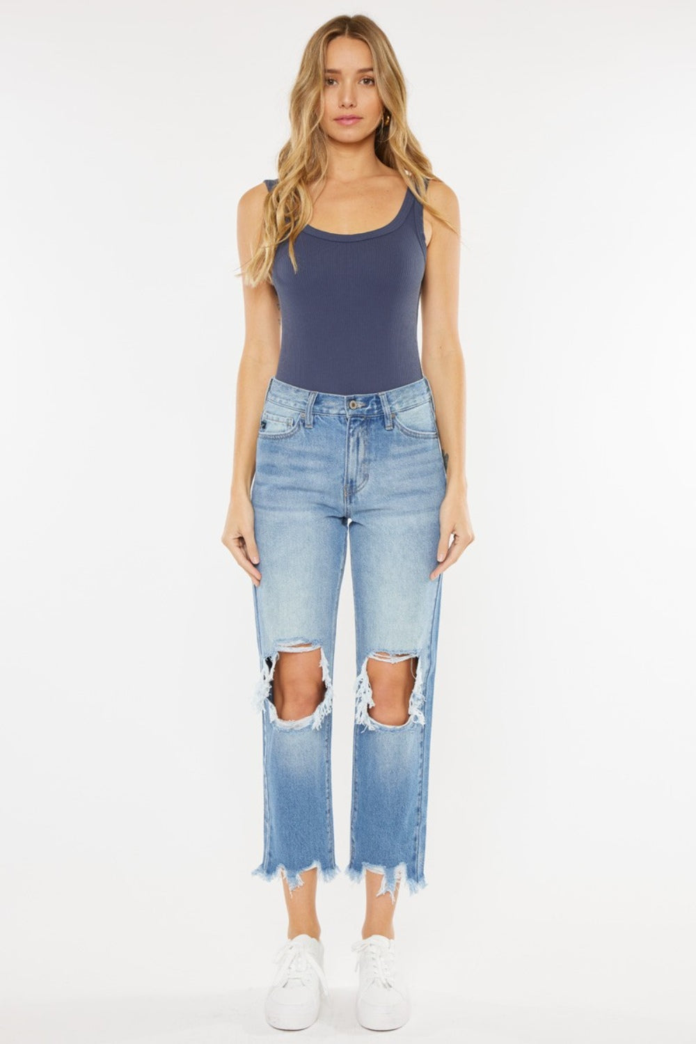 Kancan High Waist Chewed Up Straight Mom Jeans - The Boutie Shop