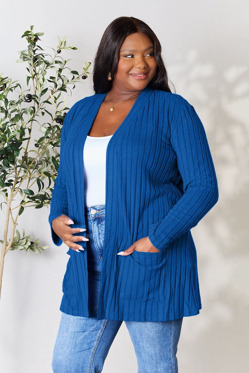 Basic Bae Full Size Ribbed Open Front Cardigan with Pockets - The Boutie Shop