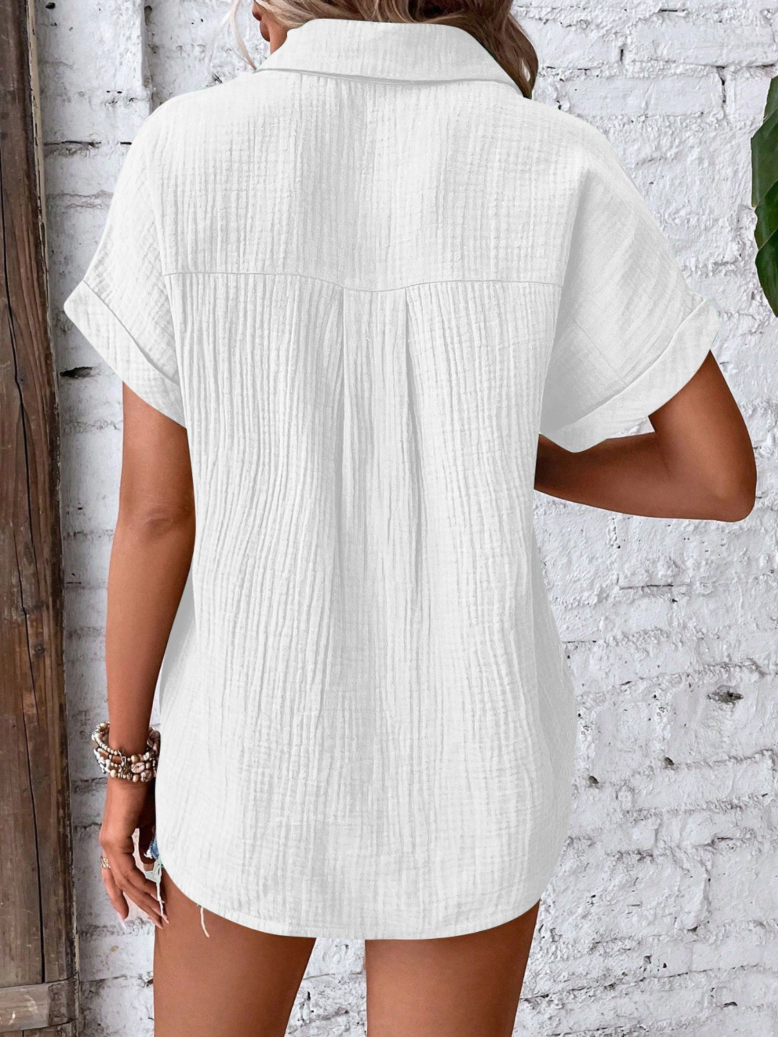 Lovelet Textured Button Up Short Sleeve Shirt - The Boutie Shop