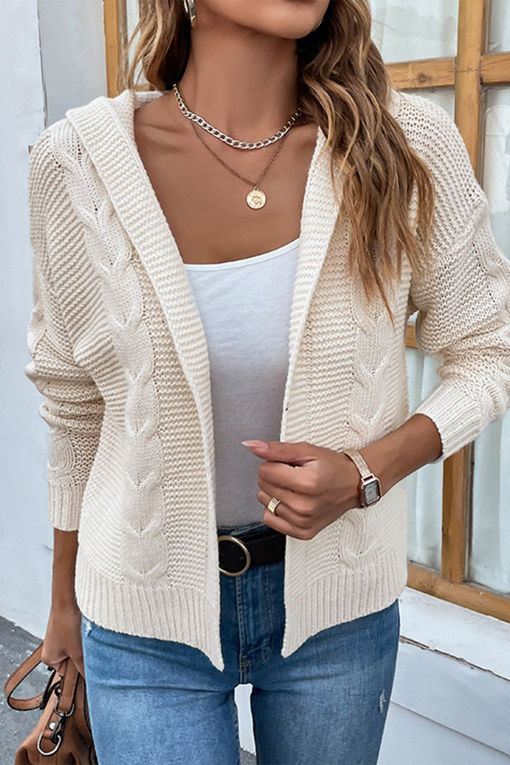 Cable-Knit Dropped Shoulder Hooded Cardigan - The Boutie Shop