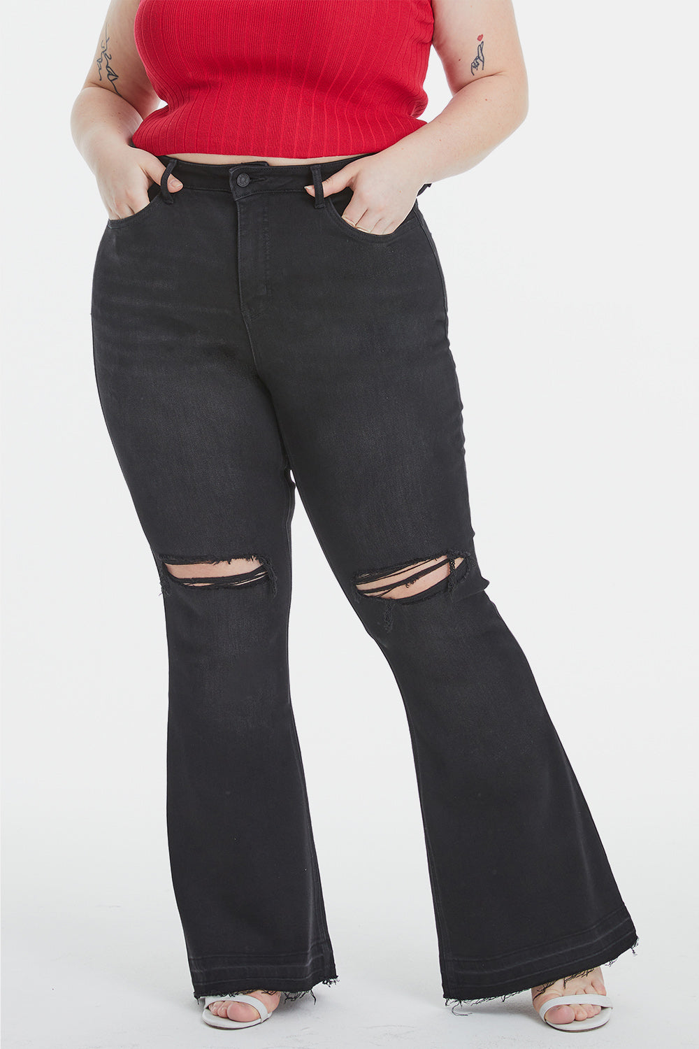 BAYEAS Full Size High Waist Distressed Raw Hem Flare Jeans - The Boutie Shop