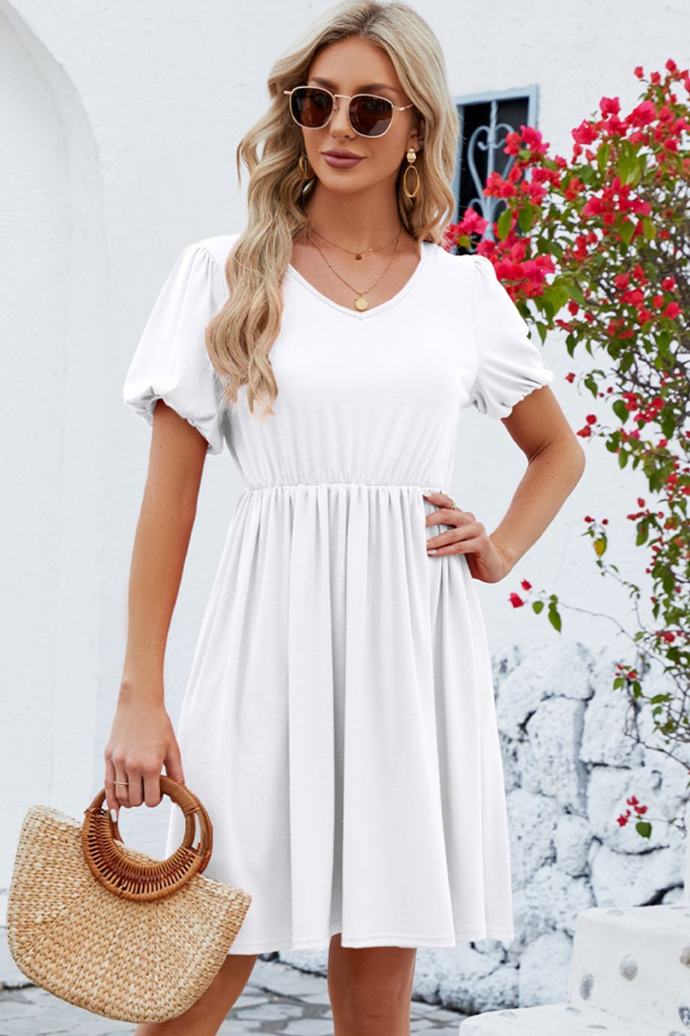 V-Neck Balloon Short Sleeve Dress - The Boutie Shop