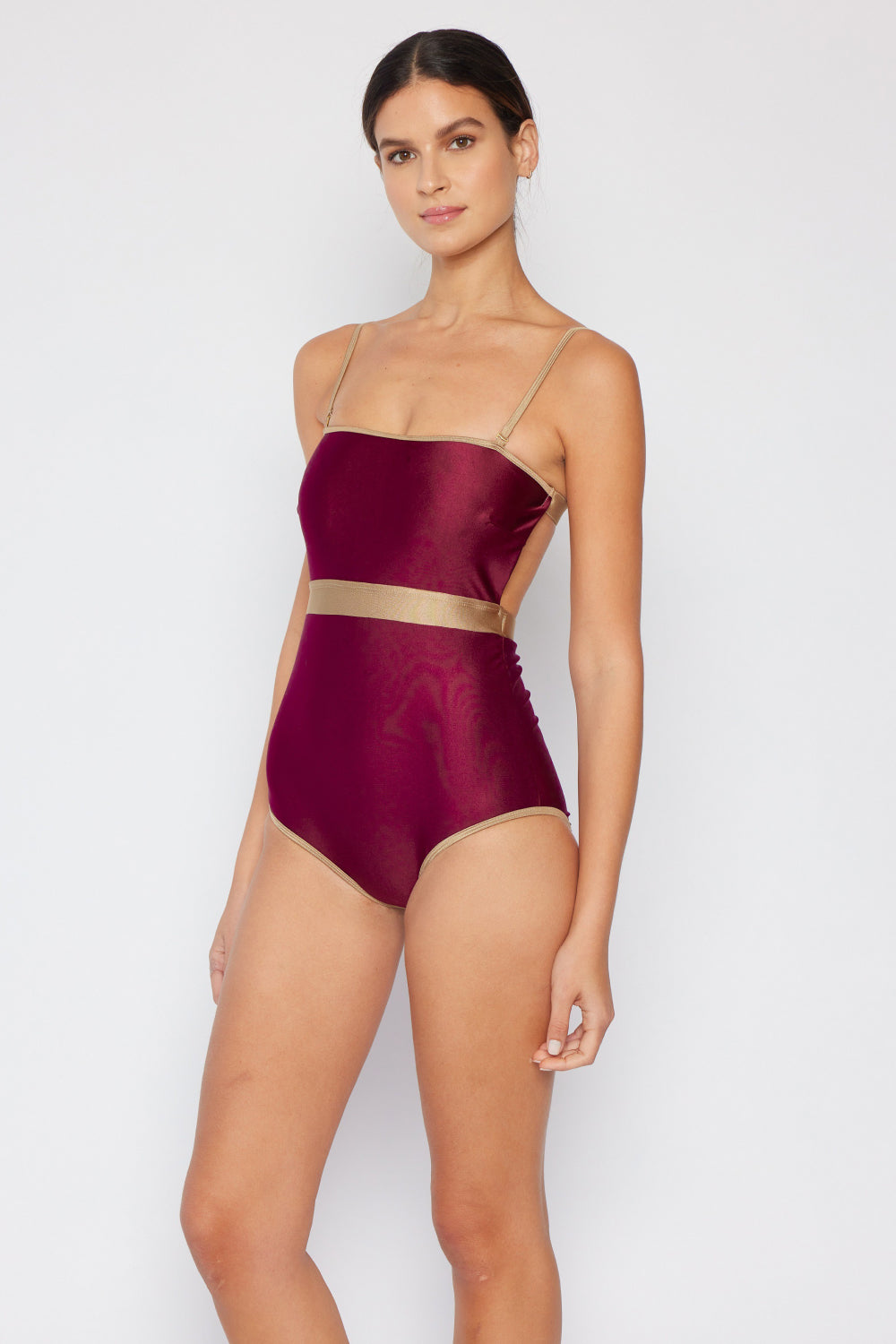 Marina West Swim Wave Break Contrast Trim One-Piece in Wine - The Boutie Shop