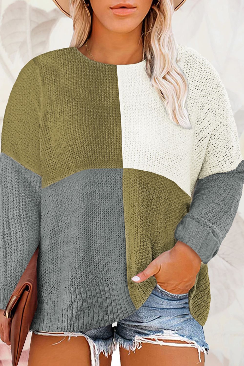 Plus Size Color Block Round Neck Sweater - The Boutie Shop