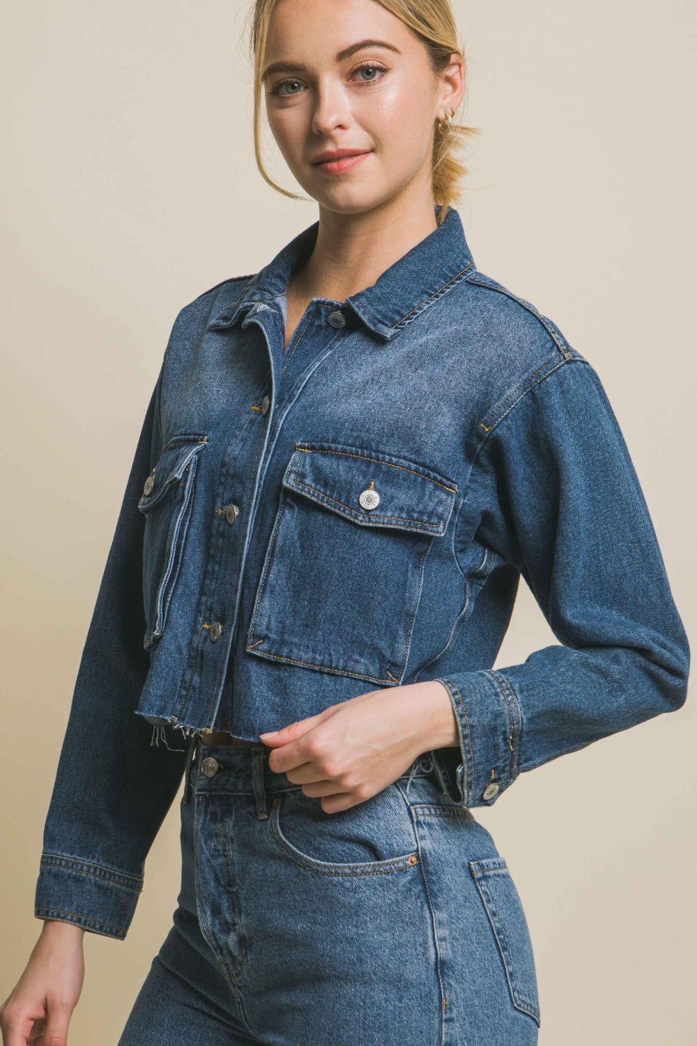 Love Tree Raw Hem Button Up Cropped Denim Jacket - The Boutie Shop