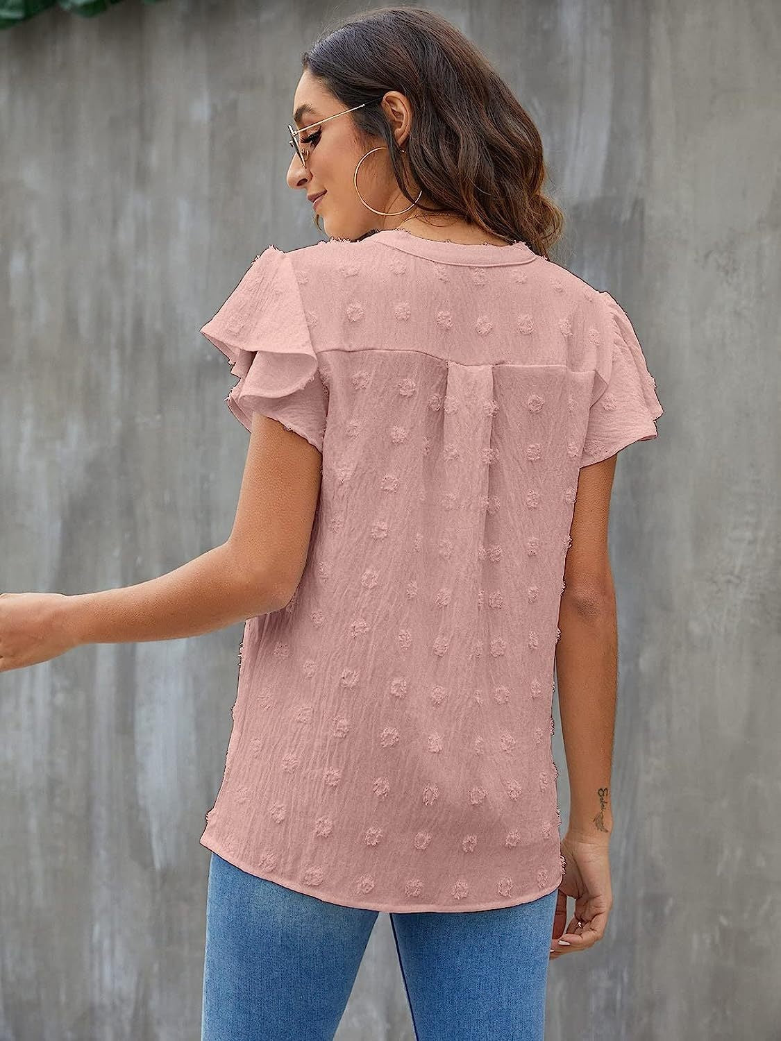 Swiss Dot Notched Cap Sleeve Blouse - The Boutie Shop